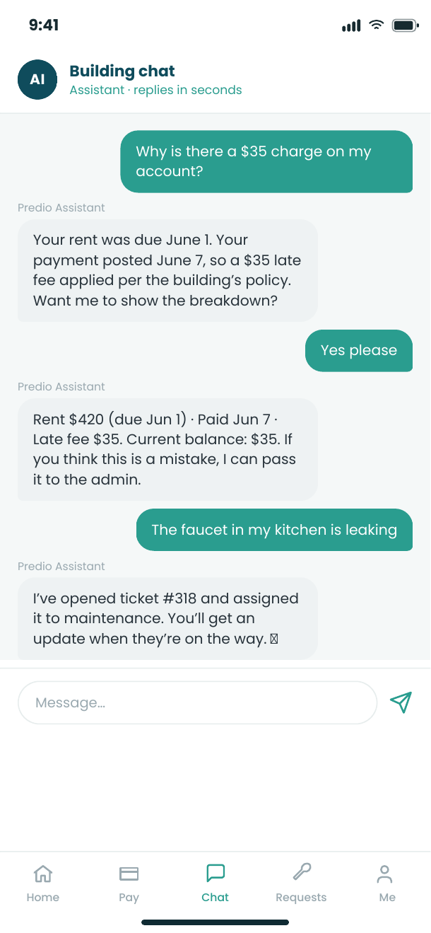 In-app chat between admin and resident