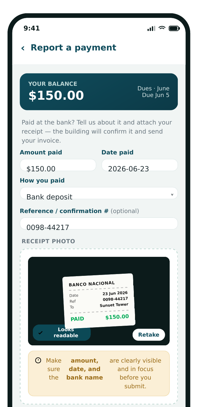 Resident reporting a bank payment with a receipt photo