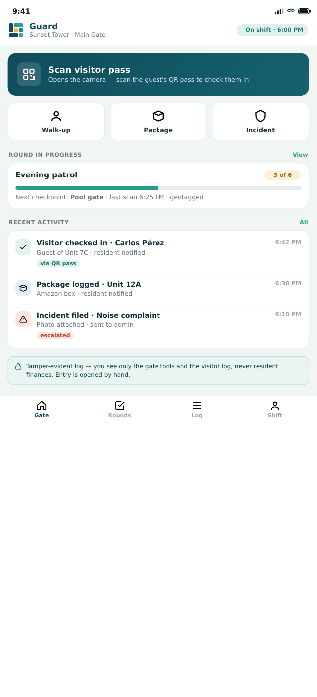 Predio guard app on a phone — visitor check-in by QR scan, geolocated patrol rounds, package and incident log