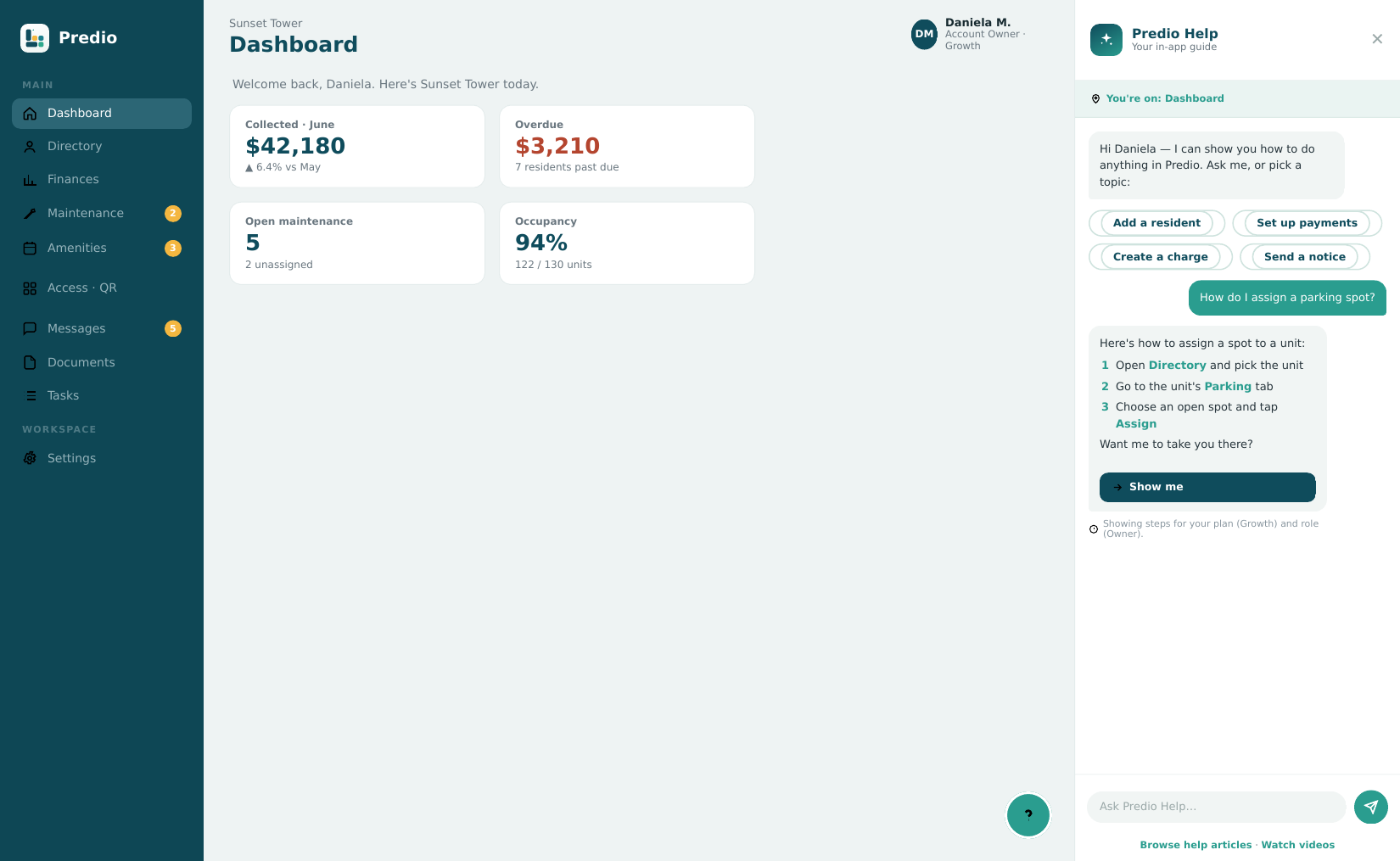 Predio Help in-app assistant answering a how-to question on the admin dashboard
