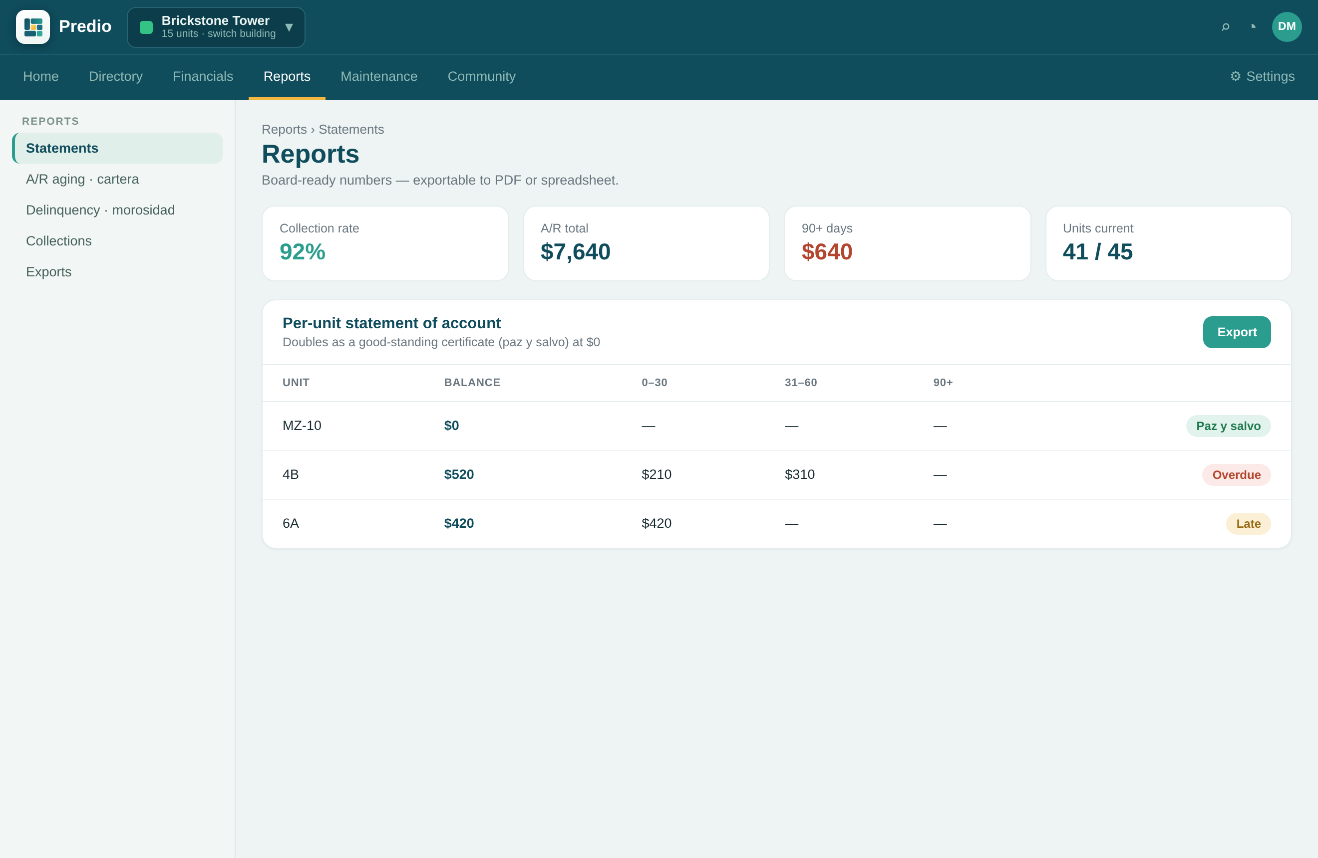 Predio reports — per-unit statement of account and good-standing certificate (paz y salvo), with accounts-receivable aging and a delinquency report