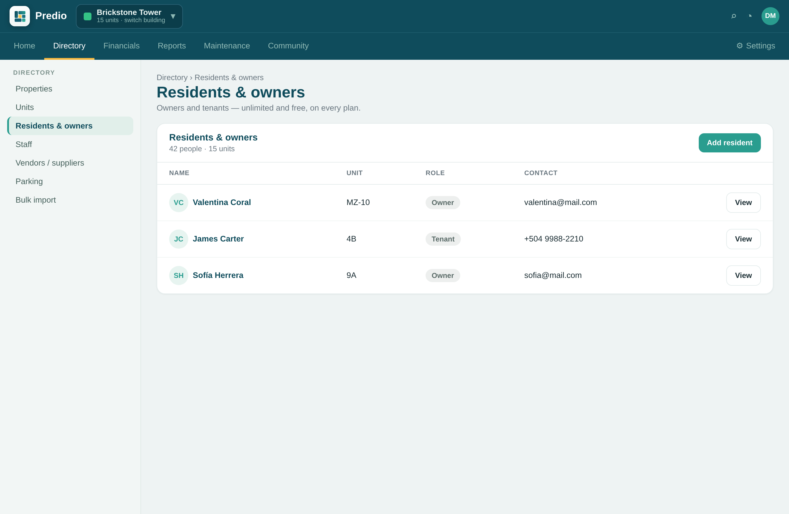 Owner viewing their properties and units in Predio