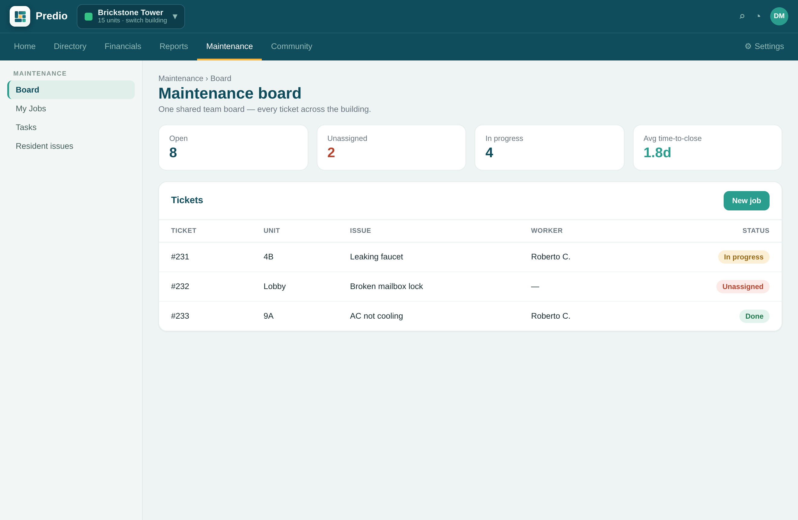 Maintenance board with tickets and tasks