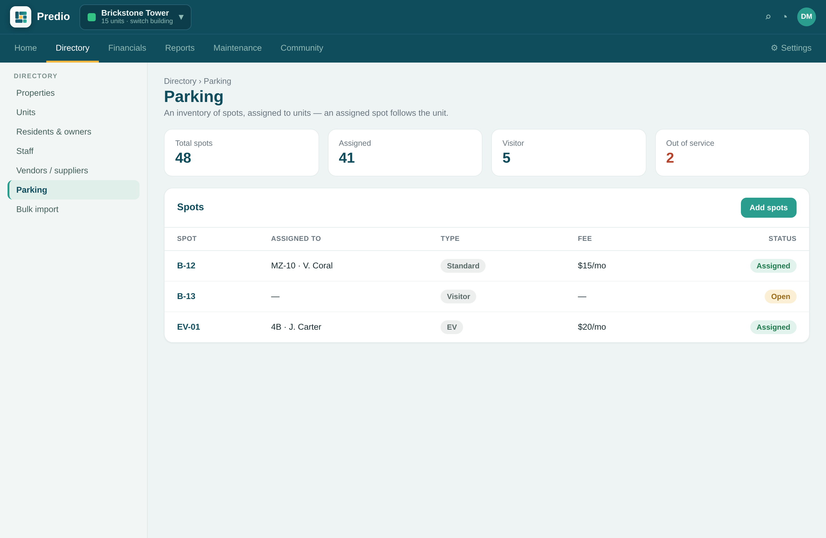 Admin assigning a parking spot to a unit in Predio