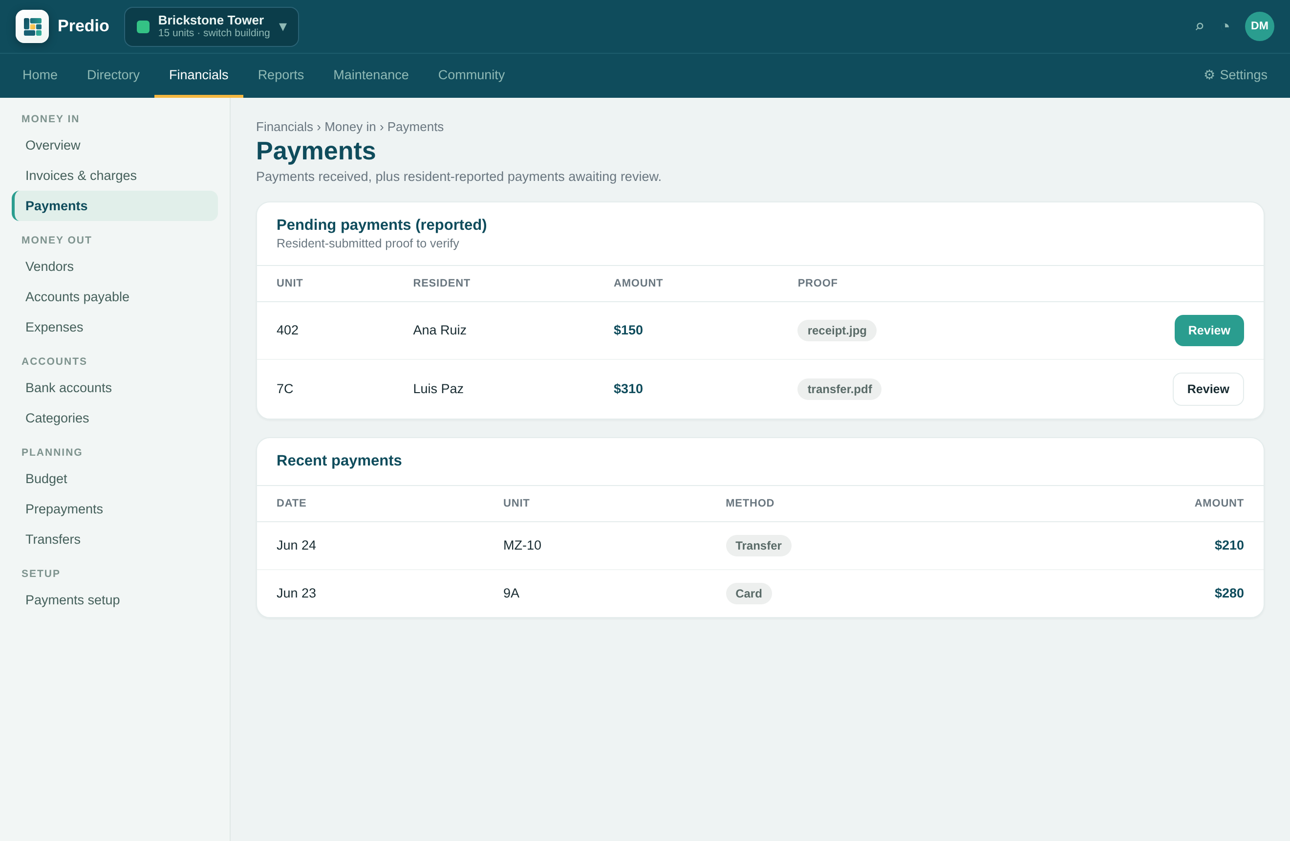 Predio Payments — collecting rent and dues
